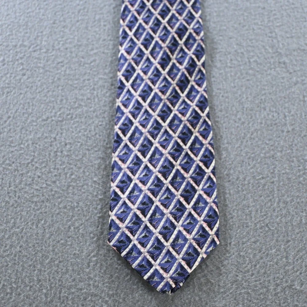 Como Collezione Mens Geometric Diamond Silk Necktie Blue Purple Vintage 80s 90s